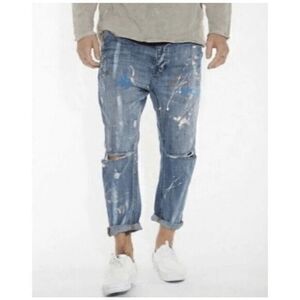 One Teaspoon Blue Suede Paint Splattered Cuffed Distressed Relaxed Leg Jean